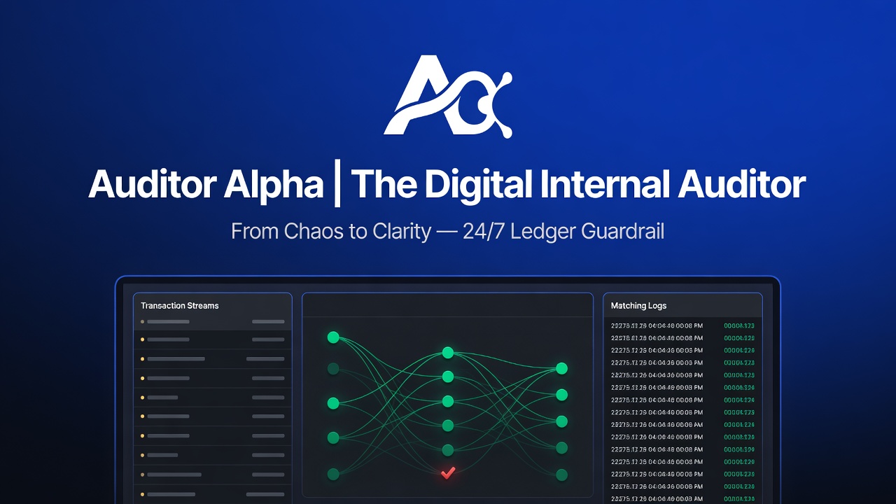 Auditor Alpha — The Digital Internal Auditor: dashboard showing transaction streams, automated ledger matching, and matching logs